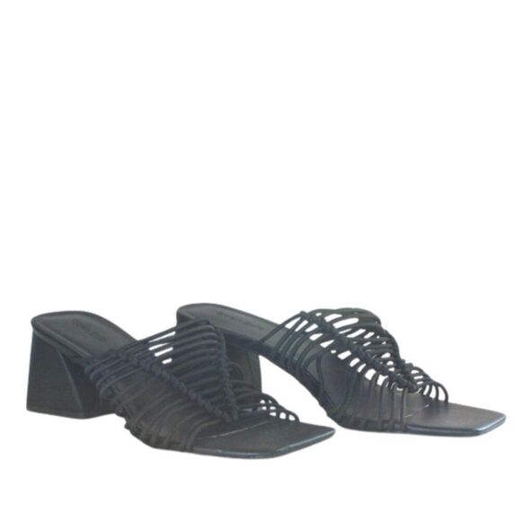 Open Edit Black Strappy Block Heel Sandal 9 - Picture 1 of 7